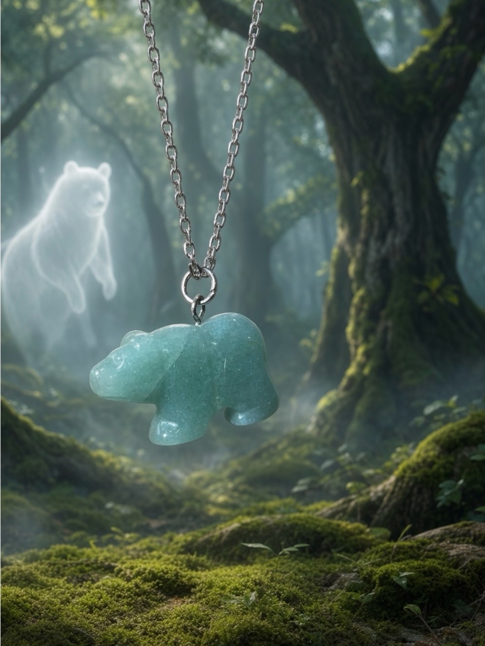 Green Aventurine Bear Hand-Carved Pendant Necklace Long